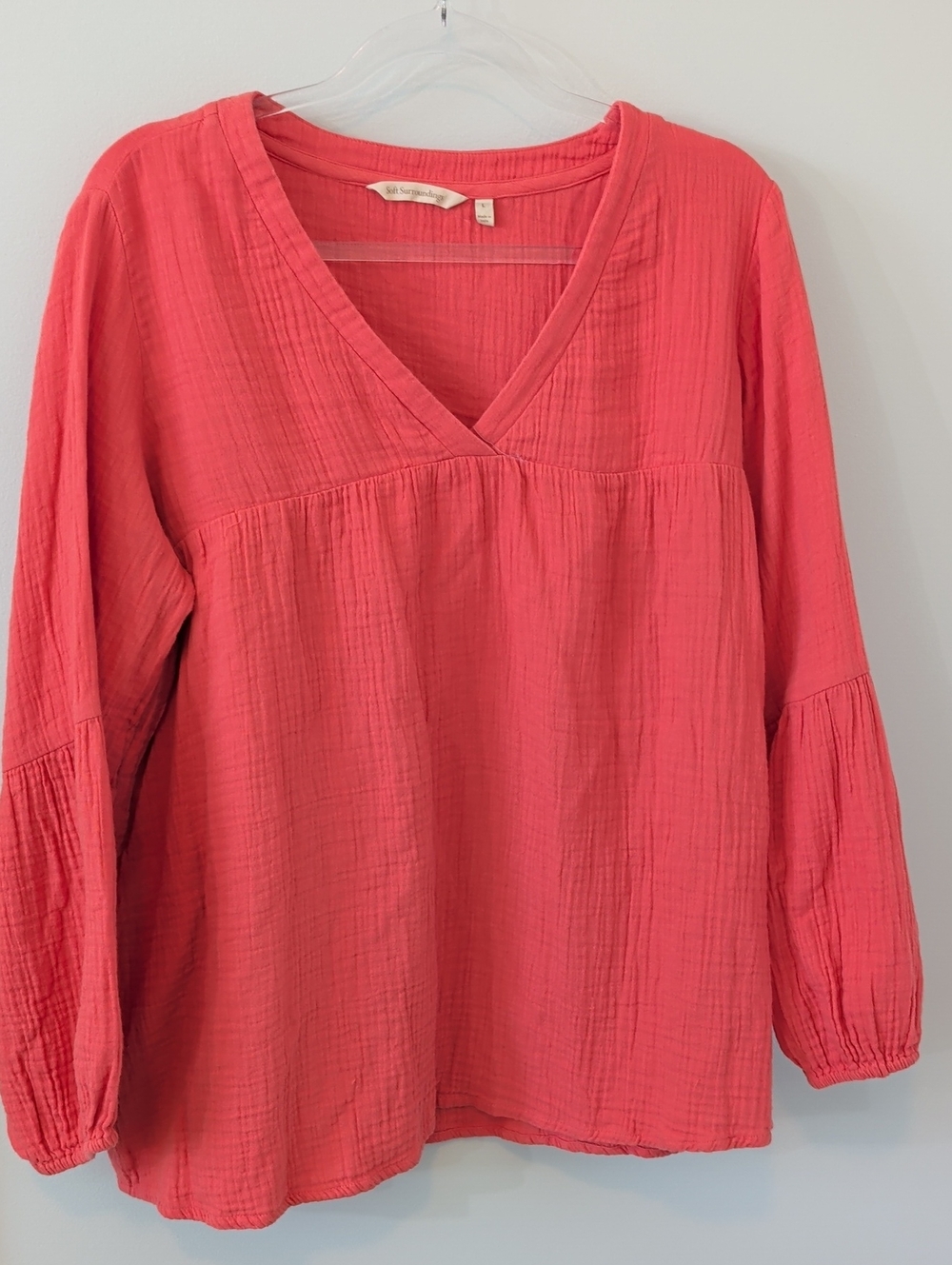 Soft Surroundings V-Neck Gauze Tunic Top in Coral Pink L